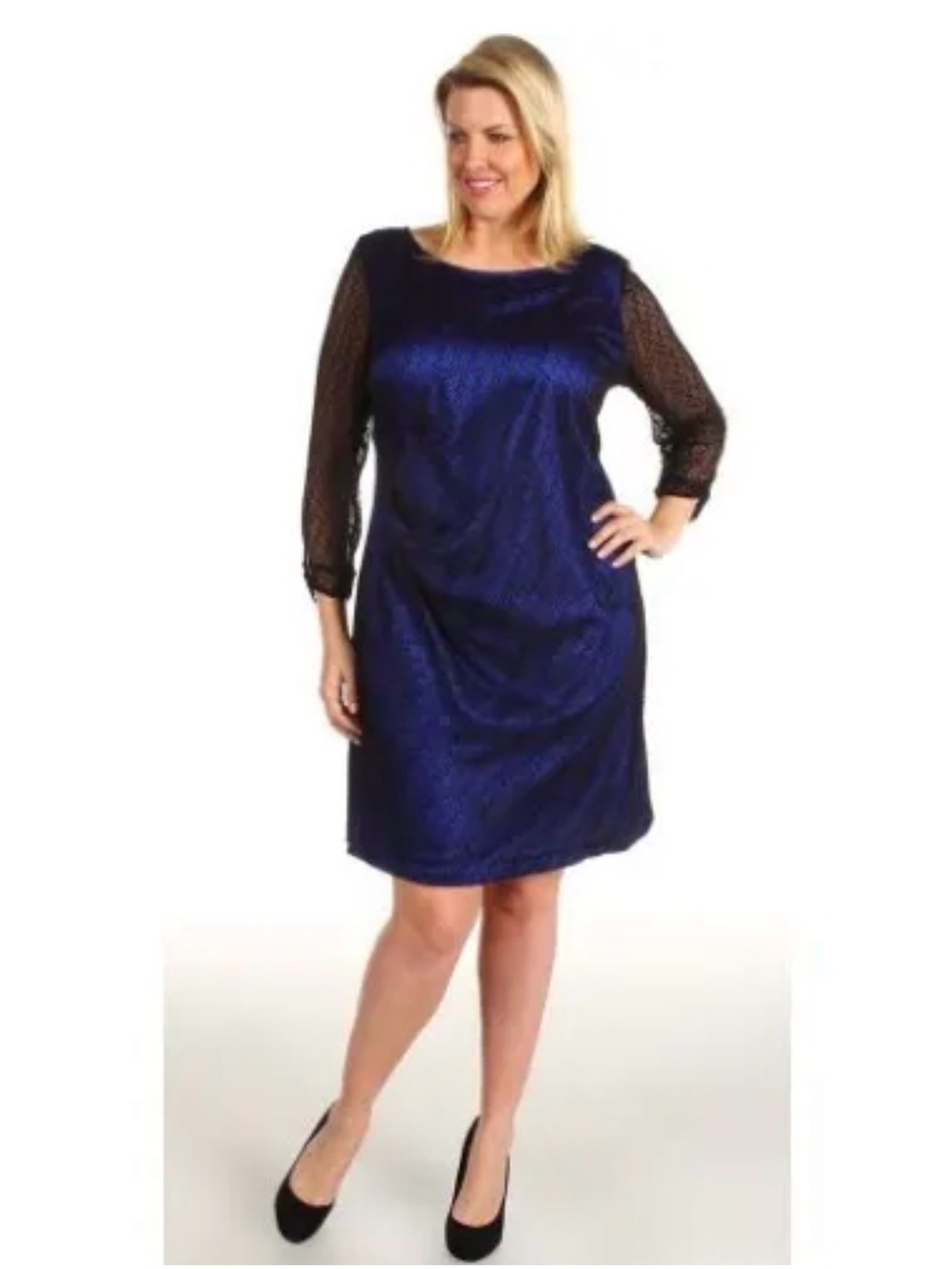 Tahari Navy Blue Lace-Sleeve Midi Shift Dress